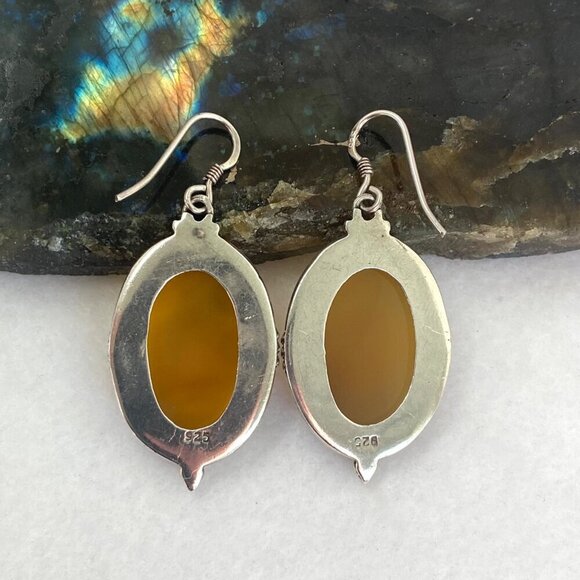 Sterling Silver 925 Large Bezel Set Oval Agate Quartz Dangle Drop Earrings - Picture 7 of 16